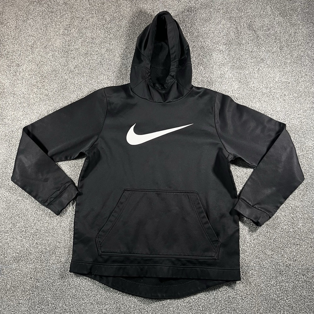 Nike Dri Fit Hoodie Black Big Swoosh Pullover Athletic Sweatshirt Men’s Medium